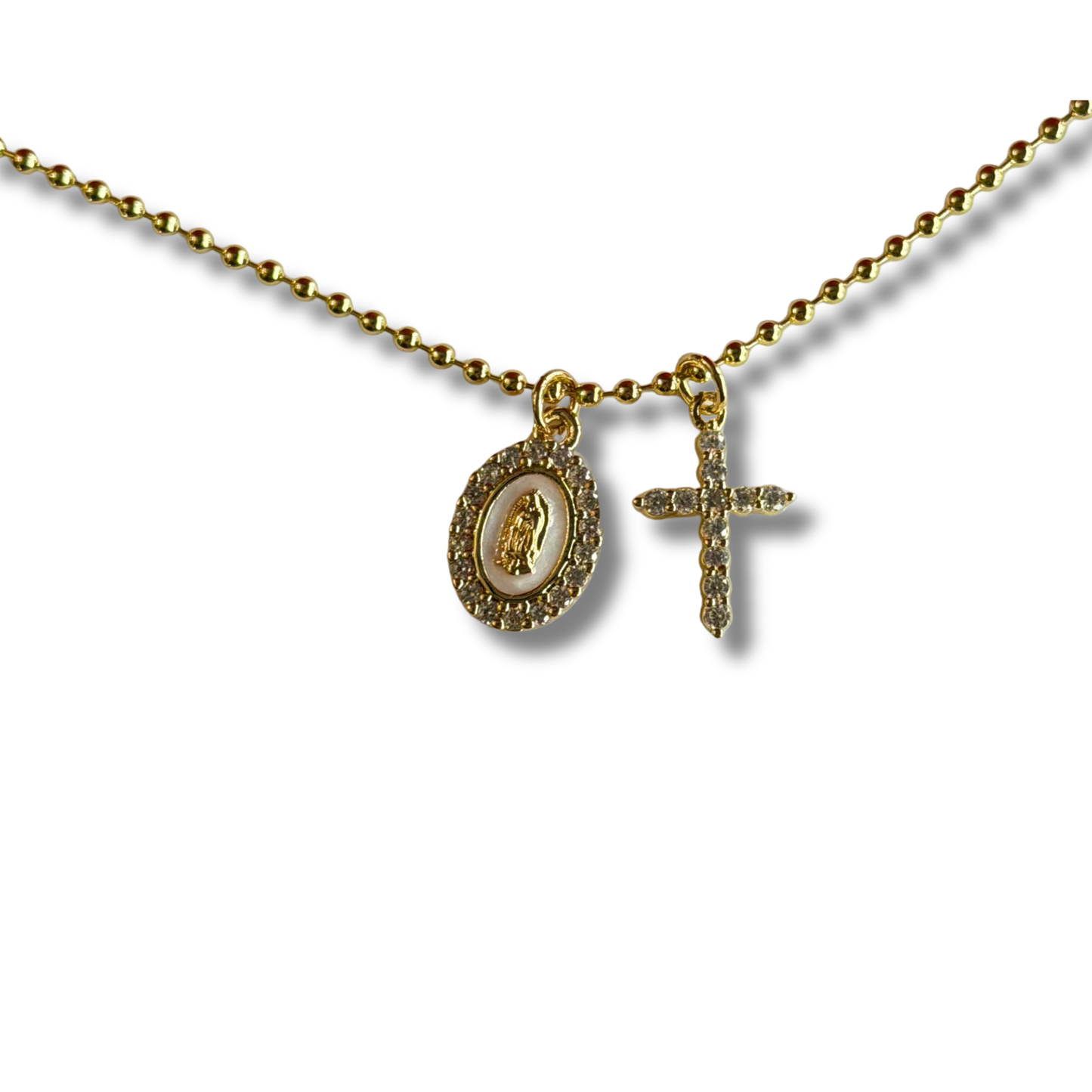 Sparkly Cross & Virgin Mary Charm Necklace