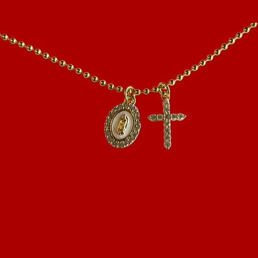 Sparkly Cross & Virgin Mary Charm Necklace