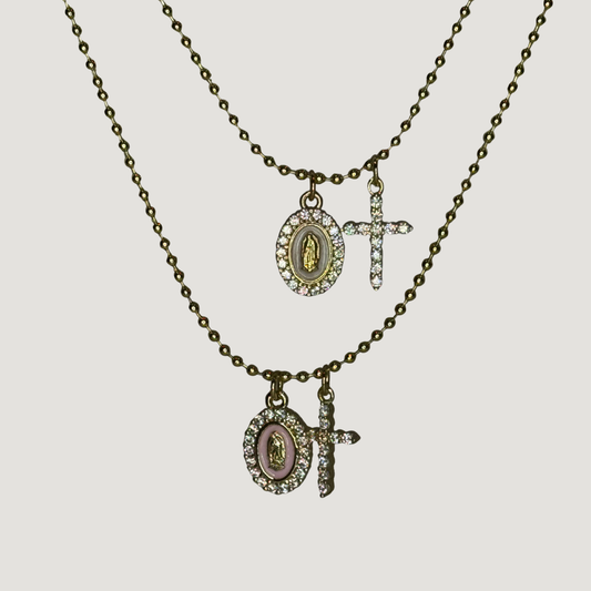 Sparkly Cross & Virgin Mary Charm Necklace